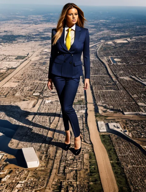 a sophisticated and stylish woman in a light navy blue pinstriped trouser suit, white shirt, and a large wide yellow paisley nec...