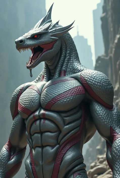 Hyper realistic 3D, 8k Ultra HD. Ultraman, silver snake head, sharp fangs, burly,