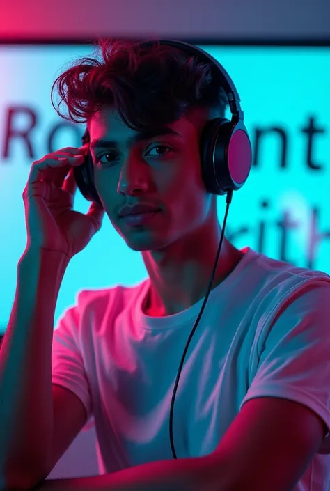 I need male character wearing headphones of age 20 and in front written Prashant love Edits which looks like vip with Neon Background 