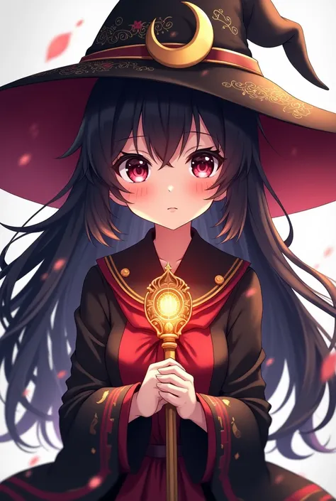 Megumin. High quality, no deformities, everything is anatomically correct.A witchs hat is on his head. In the hands of a staff.