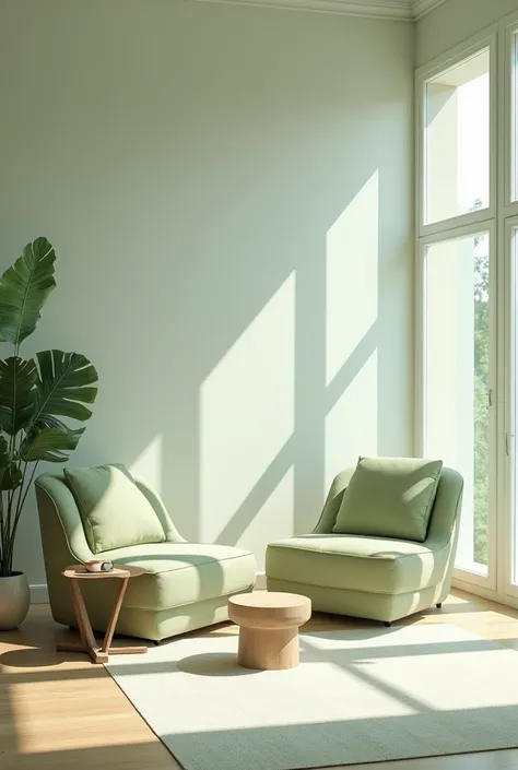 a minimalist sage green room, natural light, clean modern interior design, simple furniture, large windows, wooden floor, white walls, soft textures, subtle lighting, calming atmosphere, elegant simplicity, serene aesthetic, tranquil minimalist space