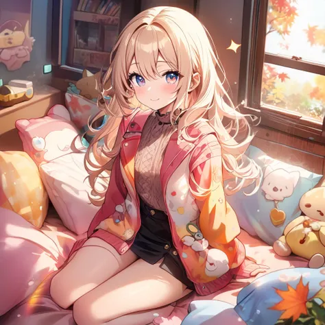 masterpiece, best quality, 4k、((2D illustration))、one beautiful girl、solo、(((chibi style)))、((cute))、((innocent)), ((warm colors))、((long beautiful hair)), glossy light blonde hair, gradient hair color, hair between eyes, beautifully detailed eyes, ((autum...