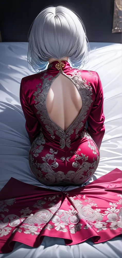 Ultra high resolution, rich colors, perfect image, top quality, detailed image, beautiful single woman, glowing skin, texture of skin and clothes, delicate eyes, on bed, Qipao, on all fours, back view, full body, (((silver bob hair))), blue eyes