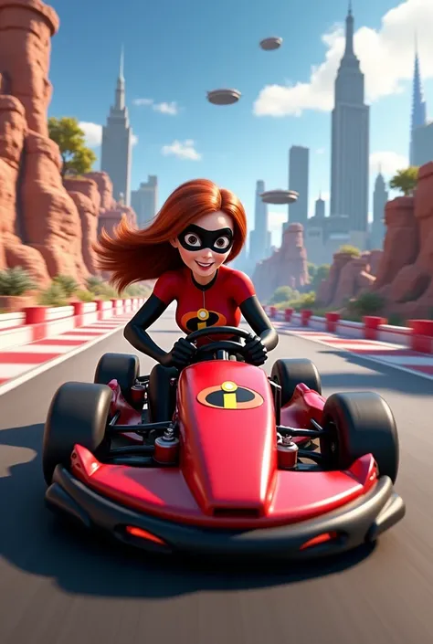 Draw the elastic woman from the Incredibles driving a go-kart