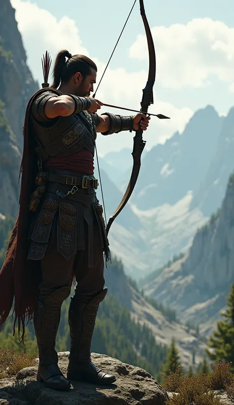  an archery warrior shooting a, arrow at a distant target .