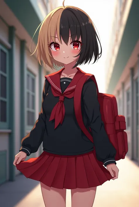 A young Loli girl with short split color hair one side black and the other light blonde with red eyes wearing a black and red school uniform with a red backpack while holding her skirt up to show her panties
