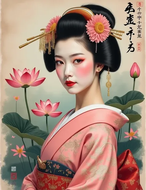 vintage painting, portrait of a beautiful geisha, extremely rich and detailed japanese pink kimono, Japanese garden in background, pink lotuses, pink peonies, artistic scenery, calligraphic brushes, traditional painting, ink and painting splatters, red and...