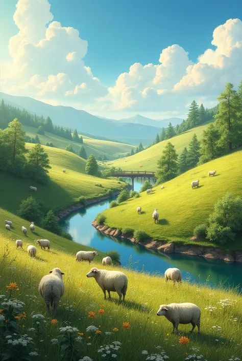 detailed pastoral landscape, many sheeps, lush green rolling hills, winding river, wooden bridge, blooming wildflowers, fluffy clouds, warm sunlight, (best quality,4k,8k,highres,masterpiece:1.2),ultra-detailed,(realistic,photorealistic,photo-realistic:1.37...