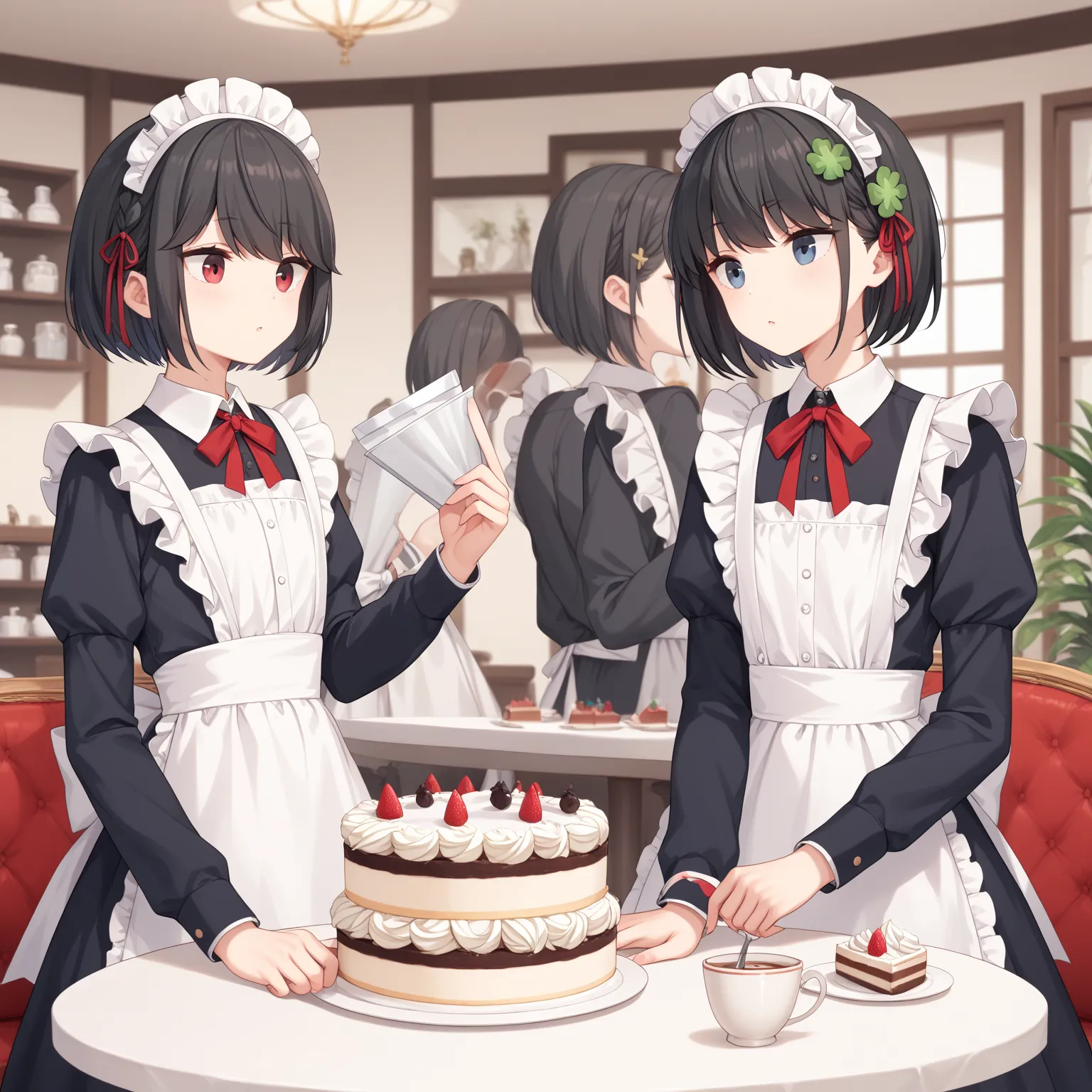 (8k), (  very detailed), (   best illustration   ), cafe。   two girls。 maid outfit 。. flat chested。 short hair on the side of th...