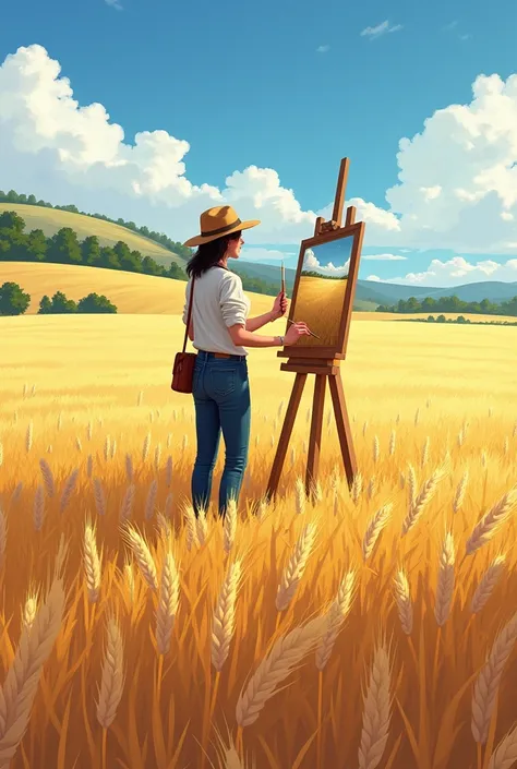 There is a woman painting on canvas in the countryside, In a large wheat field , anime countryside landscape, inspired by george caleb bingham,  full color digital illustration,  by Michael Sutfin ,  beautiful artwork illustrations ,  by Franz Heggi , Trev...