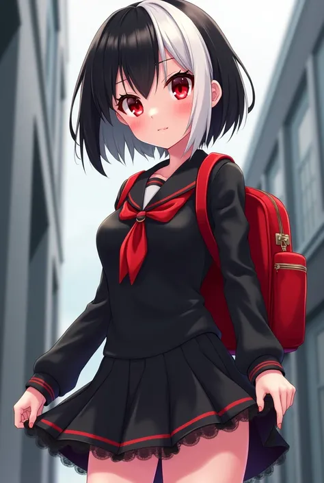 A young Loli girl with short split color hair one side black and the other white with red eyes wearing a black and red school uniform with a red backpack while holding her skirt up to show her panties
