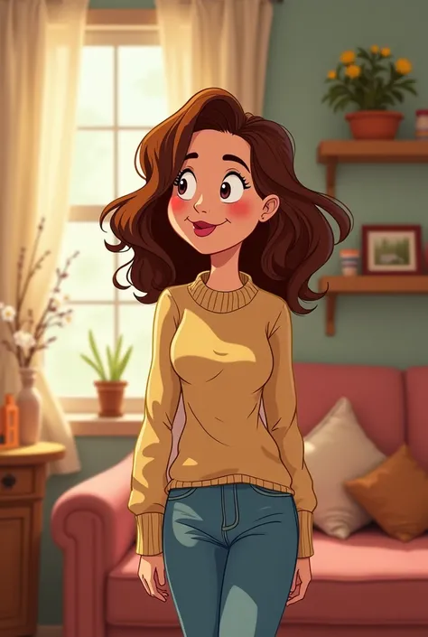 A Disney-style cartoon of a brown-haired mother wearing jeans and a sweater