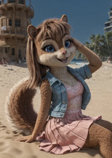 brittany _miller, one,chipmunk , small ,  denim jacket pink ,  striped pink tank top , short pink skirt,sits building a sand tow...