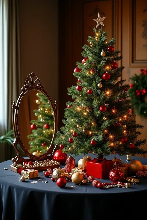  create a 120cm long table top Christmas display
The table top consists of a convex mirror on the left side of the table and a Christmas tree on the right, with decorations as a bushy gift box, Christmas-related decorations to look a lot, but do not clutte...