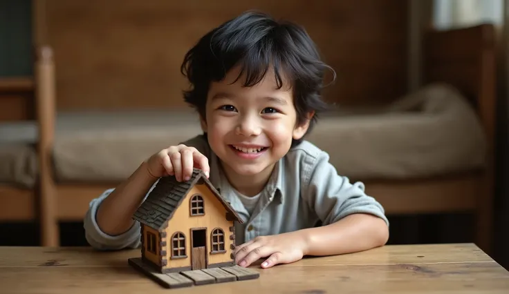 "A young boy with dark hair and a bright smile is sitting at a wooden table, gently holding a small model house. The boy appears happy and curious, with his hand resting on the rooftop of the miniature house. The model house is made of wood, featuring a ru...