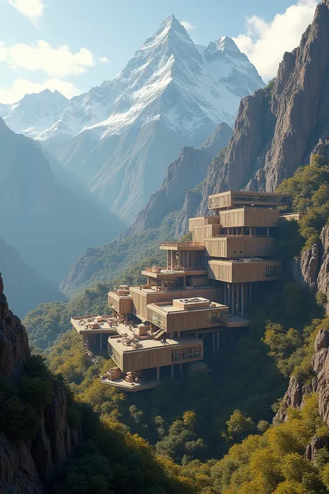 Picture the Incan Andes mountain terrace range with a modular architectural civilization that uses kinetic facade elements within singular modules that interconnect across the mountain range. And that uses sensors and panels to adjust and benefit from the ...