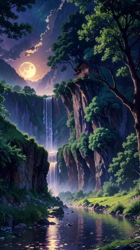 "A peaceful, serene landscape featuring a winding river reflecting the colors of a full moon. On the left, a small traditional wooden house sits at the edge of the river, surrounded by lush green grass and vibrant flowers. In the background, towering mount...