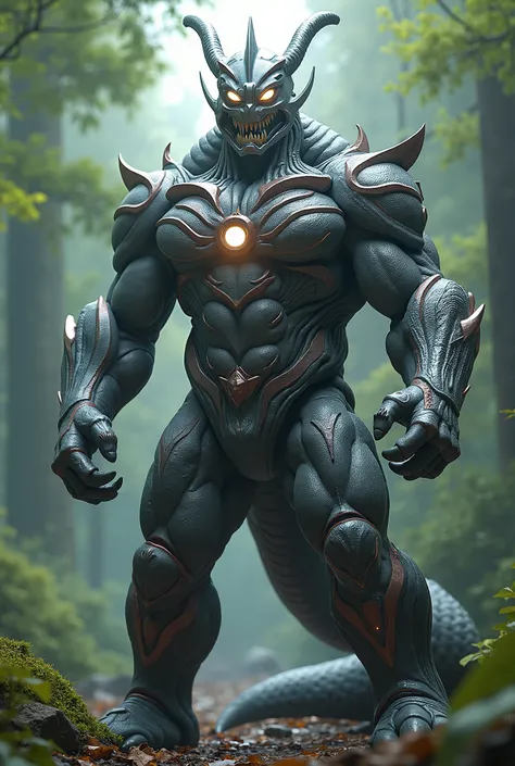 Hyper realistic 3D, 8k Ultra HD. Ultraman, silver snake head, sharp fangs, burly, light on chest, full body. Rampage. forest background.