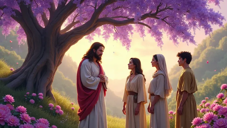 Jesus under Jacaranda tree, three people meet with Jesus , bush camelia flower , happy moments