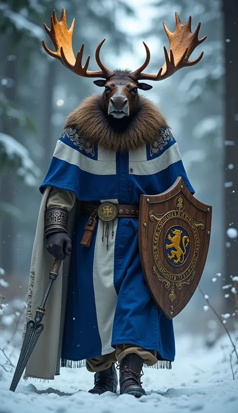  One sturdy and stately man with a human body and the head of a majestic moose,  his horns decorated with brilliant runic symbols .  He wears a heavy blue and white cape ,  the colors of the Finnish flag ,  with embroideries that seem to pulsate with magic...