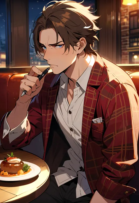 masterpiece, best quality, amazing quality, very aesthetic, absurdres, solo, 1man, male, middle-age, italian, brown hair, trimmed hair, short hair, deep blue eyes, sharp gaze, disappointed, looking away from viewer, average build, restaurant, old fashioned...