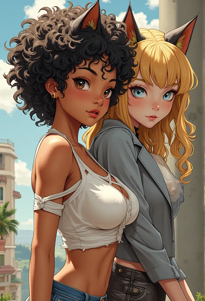 animation style 2 .5D manga niji6 strong features oil ink art super details in art Afro Girl + Alien cat girl  zoom no rosto,  HAIR gold curly of a plucked blouse black bule ripped sexy perky veins curved upwards with silver-colored eyes sharingan Narutos ...