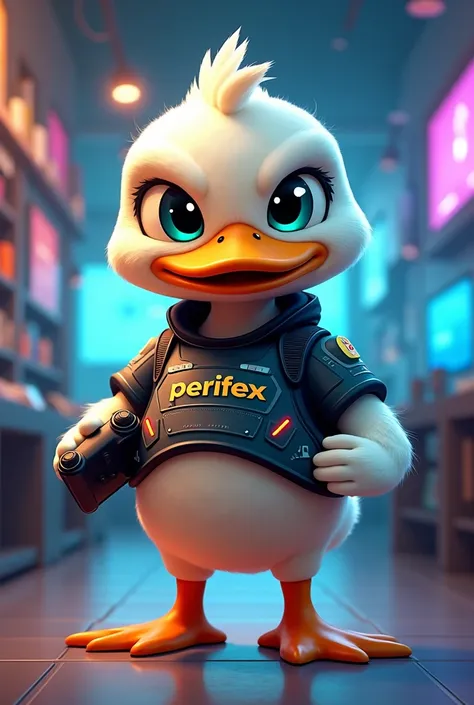 Create a gamer duck ,  wearing a costume written PeriFex ,  to be used as a mascot for a tech store