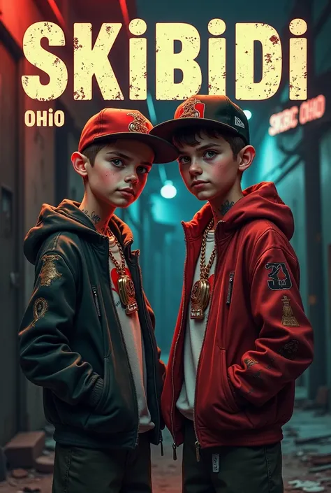 A picture of a couple of boys who are in a gang and the gang name is Skibidi Ohio on the picture should be the gang name in large letters 