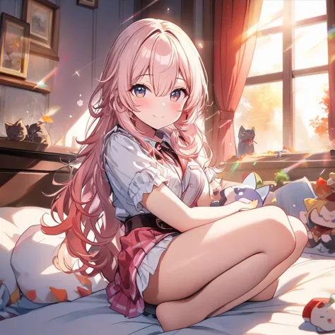 masterpiece, best quality, 4k、((2D illustration))、one beautiful girl、solo、(((chibi style)))、((cute))、((innocent)), ((warm colors))、((long beautiful hair)), glossy light pink hair, gradient hair color, hair between eyes, beautifully detailed eyes, ((autumn ...