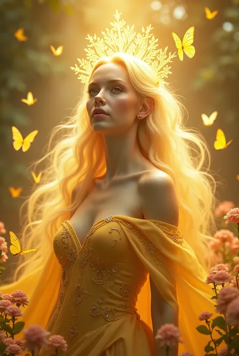 Beautiful Queen, golden aura, white skin, long hair, golden yellow, with butterflies and flowers