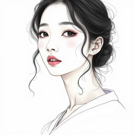 Please draw a beautiful Japanese woman on a piece of white paper.、With natural make-up、The only technique you can use is colored lines.、Line thickness is 0.Any length is possible within 8 mm、Please draw using hatching only、(Fills and gradients are not allo...