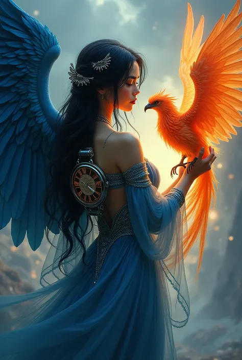   a woman with blue wings,  with long black hair and a blue dress, with a large watch on the back , holding a fiery phoenix  