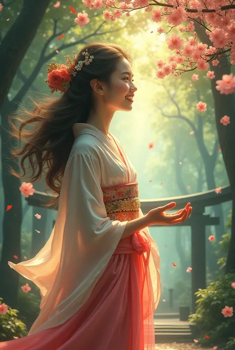 Fairy、Japanese style、Profile of an adult woman 、Shrine in the forest、joy、A smile and a sense of dynamism
Its full of light、