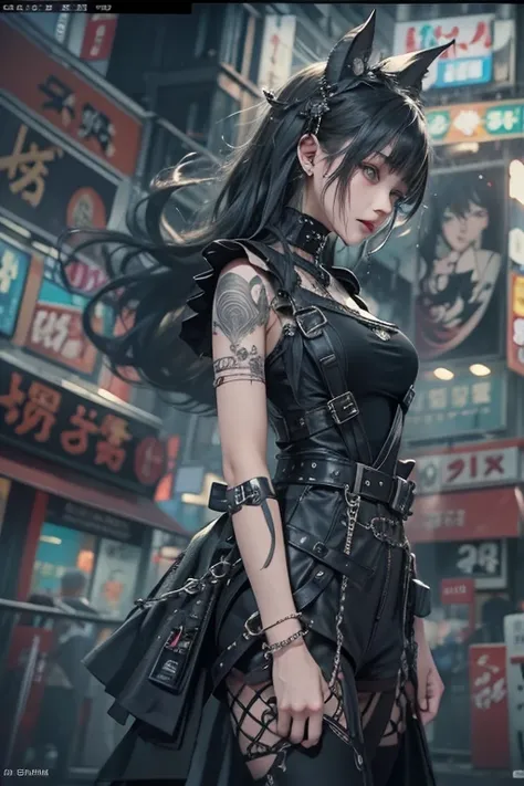  best quality、、masterpiece：1.3、Gothic Punk、Gray Black Hair、  hair accessories、  beautiful girl with high breasts、  Creative  、Punk Shirt、Neogoth、 goth fashion ：1.2、  high definition  、masterpiece、 best quality、頭w:1.3、((  Hasselblad working in the city  ))、...