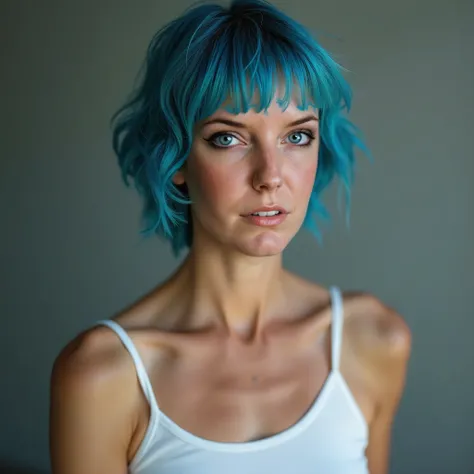 Adult german woman with short blue hair ,wearing light lipstick and green eyes, captured in portrait, donning a white sport bra 