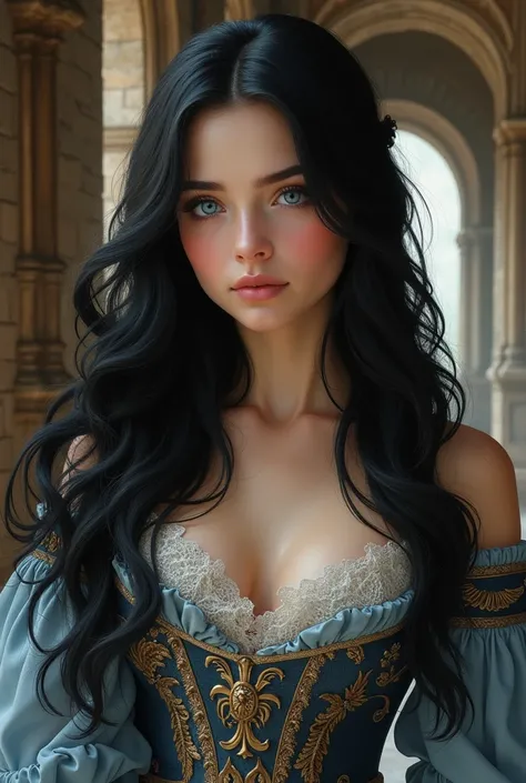  A blue-eyed woman with wavy black hair, dressed in period clothing inside a castle , beautiful and naive Long hair,  blue eyes , 