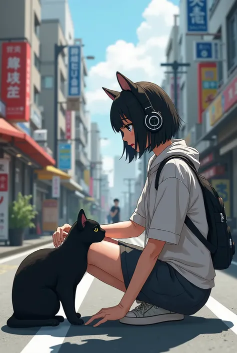 A girl with a headset, on the street of japan, Caressing a black cat 