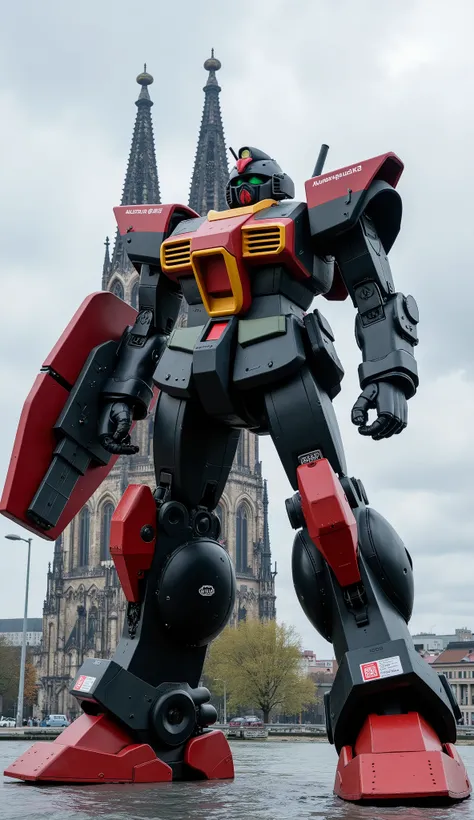 A highly realistic image of a massive 50-meter-tall battle robot standing near Cologne Cathedral in Germany, with the majestic twin spires of the cathedral visible in the background. The robot is equipped with a powerful beam cannon in its right hand and a...