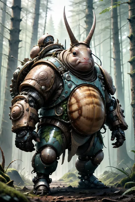 photorealistic portrait of Dressed animals - a ((fat)) snail warrior,(brave pose), high quality,(art by Carne Griffiths) ,intricate detailed giant mechanical arms, highly detailed ((mechanical armor) ,,highly detailed armor, forest background , (brave), na...