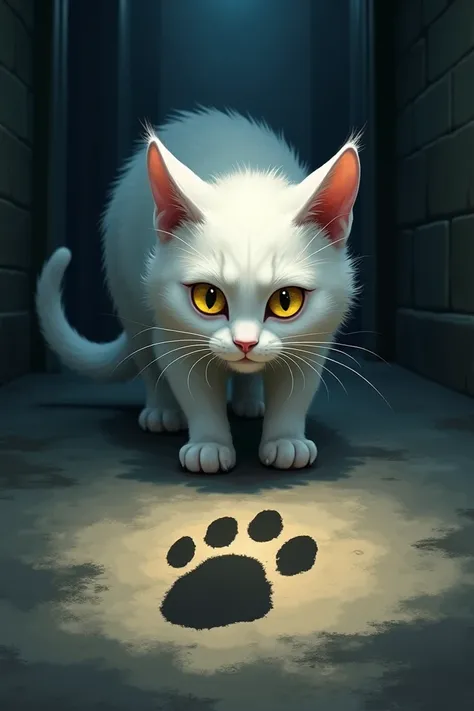 White Cat detective kisi suspicious area mein hai, jahan usne ek strange clue dekha hai ek unusual footprint YouTube shor ki size ki image banado