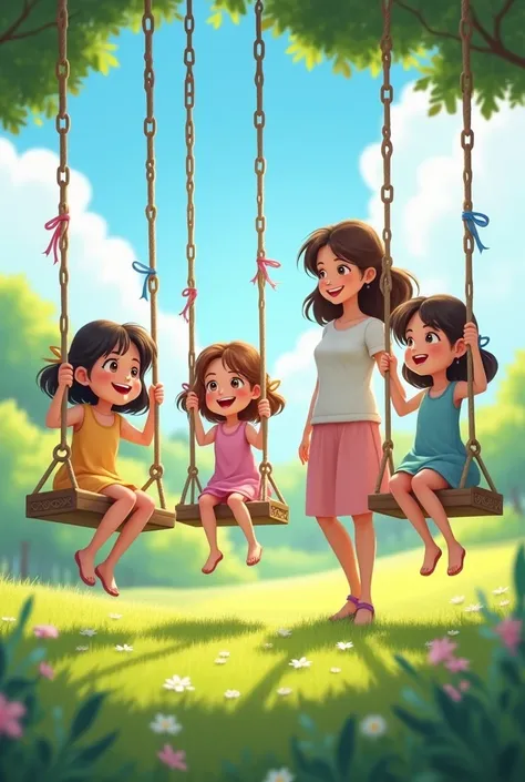 4 little sisters , a   , another  , another  , another  in a field balancing on swings and their mother watching how they have fun 