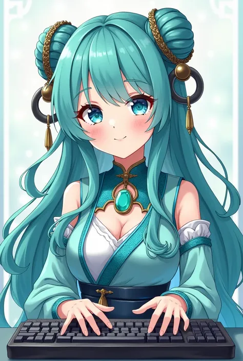 masterpiece, best quality, ultra-detailed, illustration,(1girl),beautiful detailed eyes, looking at viewer, (holding a computer keyboard), happy, (turquoise hair:1), (blue rounded eyes:1), (round earring), (turquoise big gem necklace), cute round face, lon...