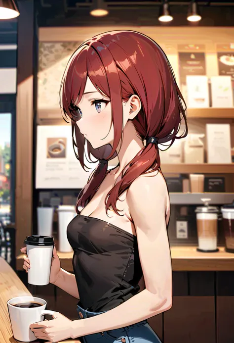 (solo)，masterpiece，Extreme details，HD，Beautiful illustrations，amazing，medium view，Upper Body，A woman，(extremely detailed neat hair)，dark red hair, low twin tails, gray eyes, swept bangs, small breasts, toned arms, strapless black shirt, jeans，(Drinking cof...