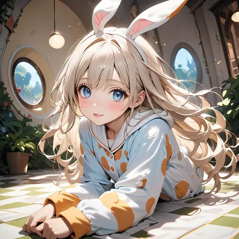 (( High Quality))、(( High Quality))、((masterpiece))、((Miraculous shots))、 Asuna Yuki、((Wear  rabbit costume pajamas with whitish beige hair、 staring straight ahead with great curiosity :1.3))、(( cute expression that leaves a sense of innocence ))、(( The ba...