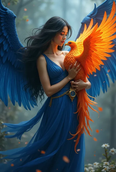   a woman with blue wings,  with long black hair and a blue dress, holding a fiery phoenix with a watch around his neck 