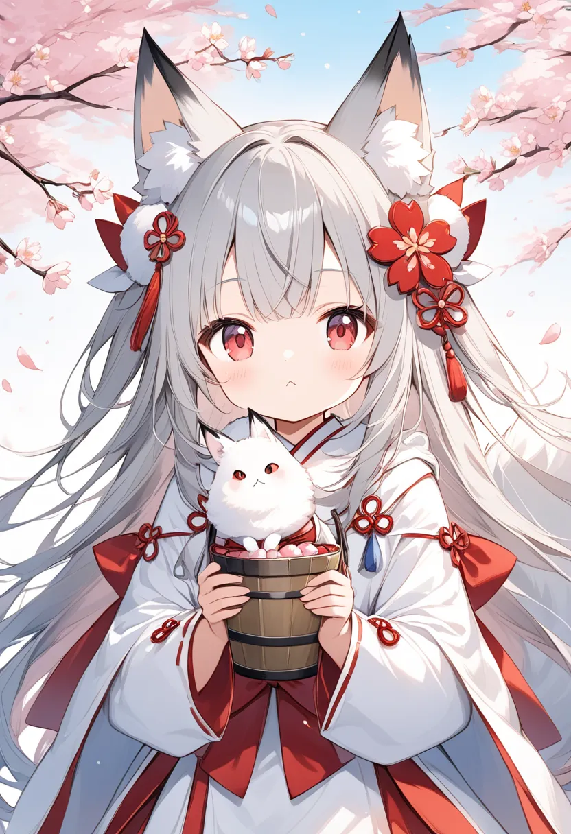  Thin and Soft Painting Style、White fox girl  、Grey Hair、 smooth long hair 、  fox ears、  fox's fluffy tail 、Ruby Eyes、  zitales、cute、:<、Onmyoji costume 、 ties hair behind、Cherry Blossom Snowstorm、 under a cherry tree , holding a pail containing a white fox with both hands