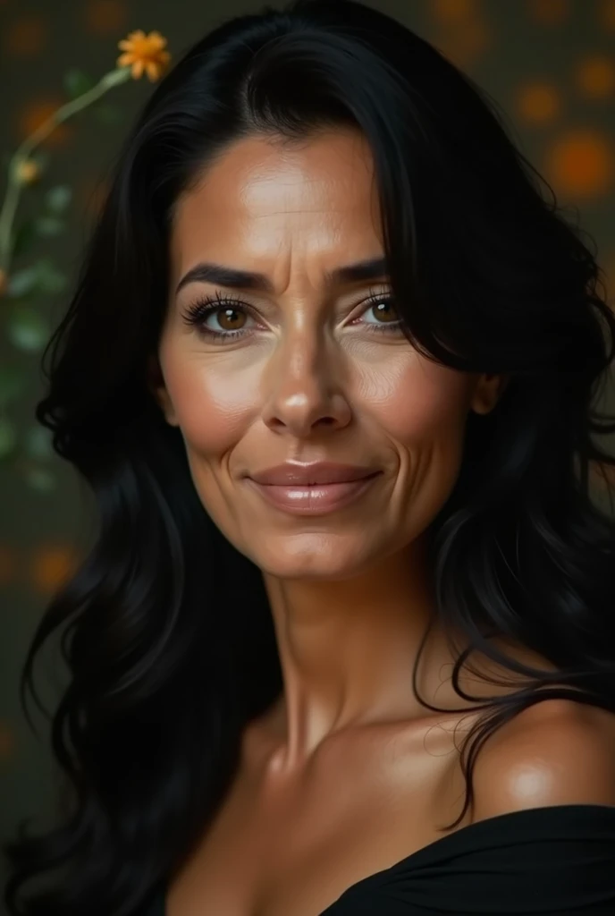  beautiful elegant 50-year-old Latin woman with some wrinkles on her face, charismatic expression ,  disguised smile wavy black hair ,  black eyes,  split nose thin lips , It takes up half the space , la otra mitad espacio vacio(photorealism:1.2) high reso...