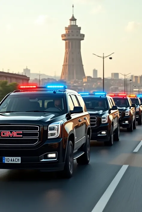  In the city of Baku, there is a convoy of cars in front of the fire tower in a row, 2 GMC Yukons, 1 Mercedes s 500 in the middle, 2 Nissan Patrols moving in the back, and all the cars should be black, the windows should be black, and the tops of the cars ...