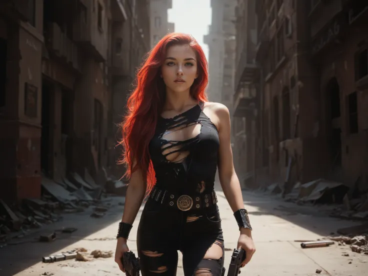 (masterpiece:1.2, high quality ),  1girl, ((ultra realistic details)),  ultra-sharp focus , shadows, Unreal Engine, 8 k, super sharp,  intricate , detailed decorations ,  red hair , apocalypse,  side destroyed buildings , clear background,  medium chest , ...