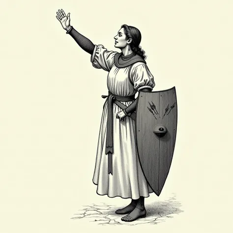 Drawing of Joan of Arc in profile from the waist to the right raising her left arm with her hand open, , her head turned to the left, mouth open, calling for reinforcements and holding on the right a shield pierced by three arrows, seen in profile..